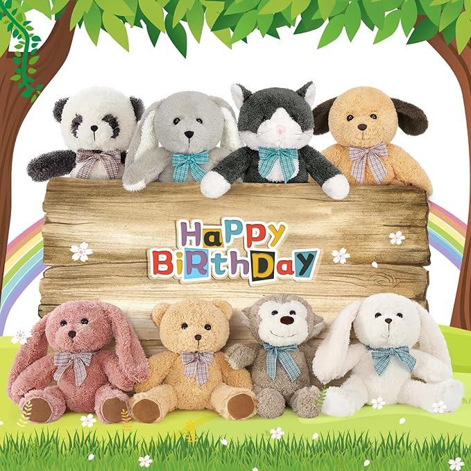 MaoGoLan 13 inch Stuffed Animals Bulk, 8 Pack Assorted Animals Plush Toy Set with Teddy Bear, Dog, Cat, Panda, Monkey & Bunnies for Kids, Baby Shower Decorations Party Favors