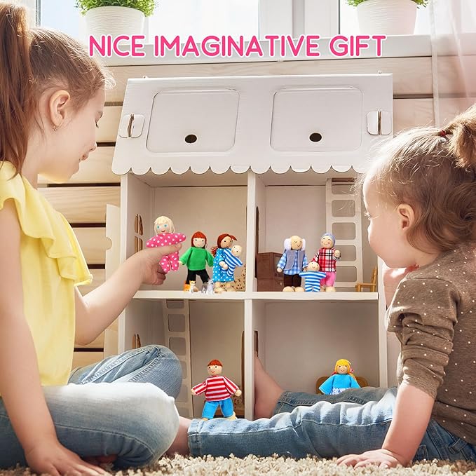 Skylety 10 Pcs Wooden Dollhouse Set of Mini People Figures Dollhouse Dolls Wooden Doll Play Figures Accessories(Pretty Style)