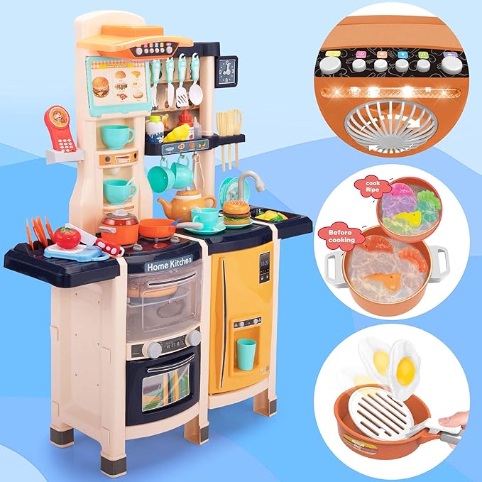 SANDINRAYLI 65Pcs Kids Kitchen Playset, Kitchen Toys, Large Toddler Play Kitchen Sets for Kids Ages 4-8, Pretend Toddler Kitchen for Girl & Boy 3-5, Baby Kitchen with Simulated Sound, Light, Blue