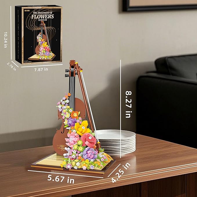 Mini Violin Building Blocks Sets Flower - 950+PCS Musical Instrument Micro Building Bricks Kit Floral - Creative Ideals, Collectible Architecture Decoration, Birthday Gift(Violin Flower)