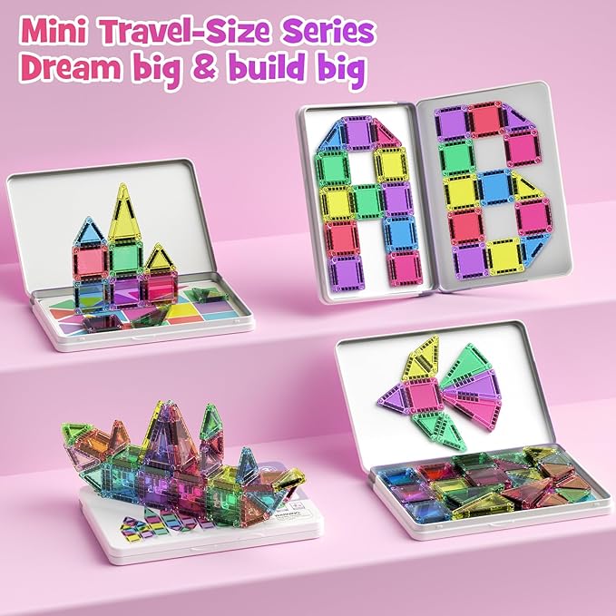 Mini Magnetic Tiles, 40PCS Magnetic Building Blocks with Iron Box, Magnet Toys Travel Size On-The-Go Construction Set STEM Travel Toys for Boys and Girls Ages 3+