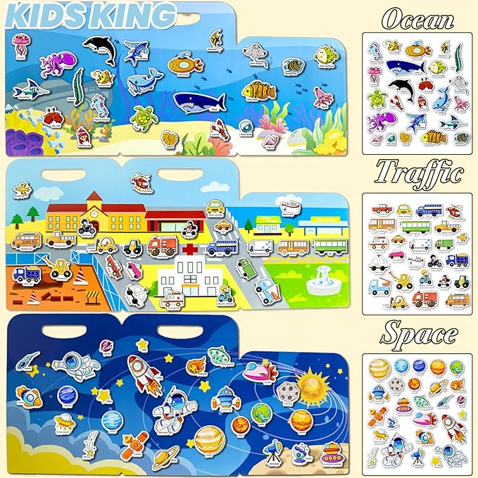3 Pack Reusable Sticker Books for Kids, Waterproof Puffy Stickers - Match The Shape and DIY Scene, Toddler Travel Essential Quiet Time Activities Toys - Ocean, Vehicles and Space (2-6 Age)
