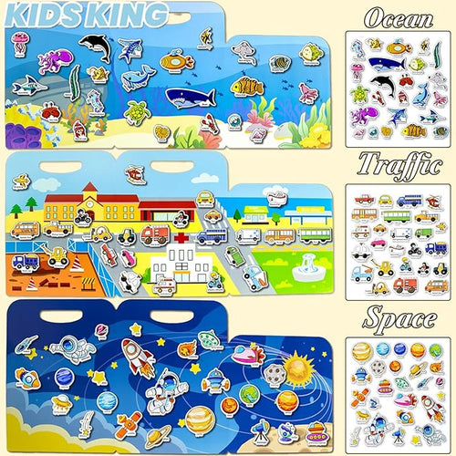 3 Pack Reusable Sticker Books for Kids, Waterproof Puffy Stickers - Match The Shape and DIY Scene, Toddler Travel Essential Quiet Time Activities Toys - Ocean, Vehicles and Space (2-6 Age)
