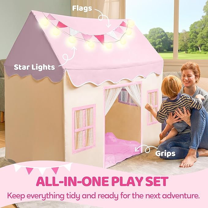 SYNCFUN Play Tent for Kids,Indoor & Outdoor Tent with Blanket,LED Lights & Flags for Toddler,Spacious 51*35*52 Inch,Playhouse for Kids,Ideal Private Space for Reading & Play for Boys & Girls Age 3-7