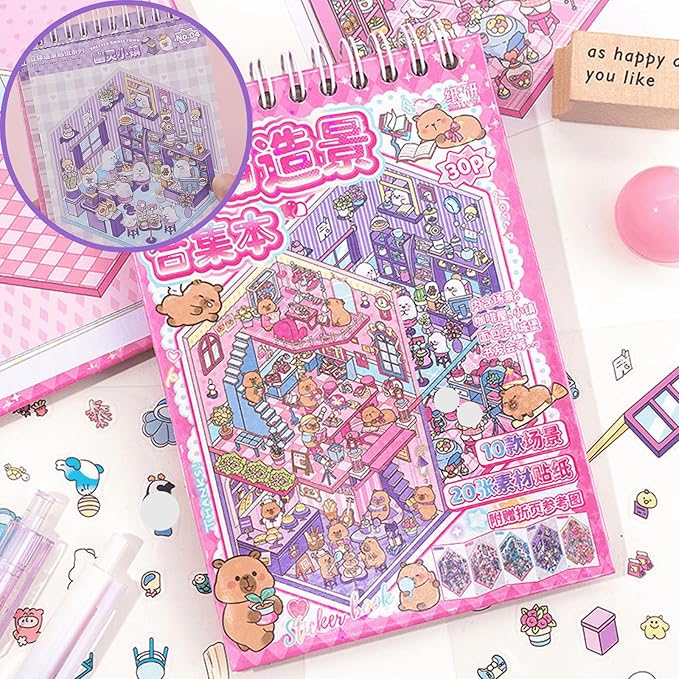 3D Sticker Scene Book,Sticker Therapy for Adults,Include 10 Beautiful House Isometric 3D Space DIY Scene Stickers Book,Cute Art Stickers for Girls