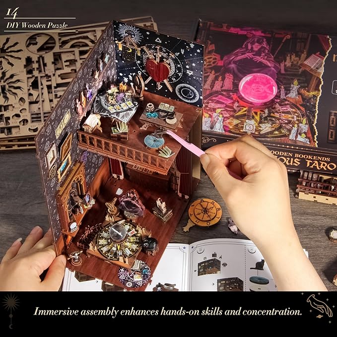 DIY Book Nook Kit, 3D Wooden Puzzle Booknook, Bookshelf Miniature House Kit Dollhouse, Tarot Divination Test, with LED Light, Dust Cover, Gift for Adults Teens (Mysterious Tarot)