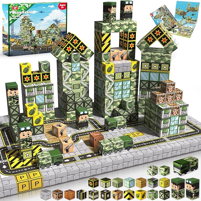 100PCS Magnetic Blocks - STEM Magnetic Building Blocks for Kids Military Construction Cube Toys Games, Educational Sensory Stacking Magnets Cube Toys for Kids Birthday Gifts Boys & Girls