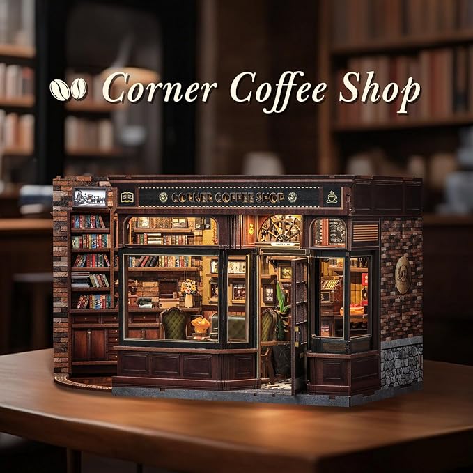 CUTEBEE Book Nook Kit, DIY Miniature House Kits for Adult and Teens, Dollhouse Booknook Tiny House, Bookshelf 3D Wooden Puzzle, DIY Craft Gifts for Family and Friends (Corner Coffee Shop)