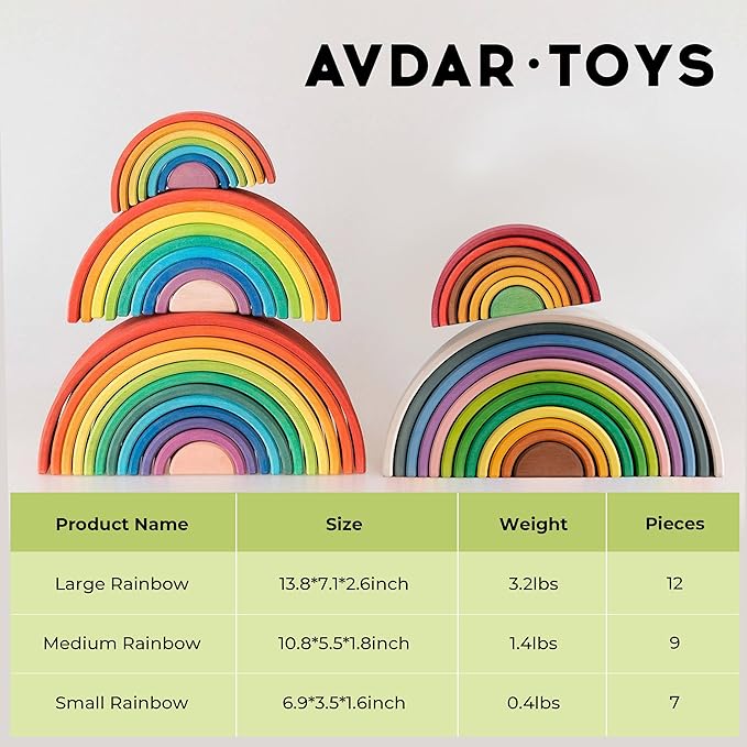 AVDAR 7Pcs Wooden Rainbow Stacker Toy, Montessori Nesting Puzzle for Kids, Rainbow Blocks