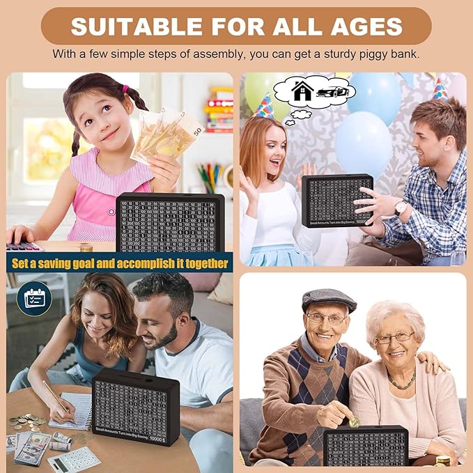 Piggy Bank for Adults Kids, Wooden Coin Bank for Boys and Girls, Cash Vault Money Saving Box with Counter $10000 $5000 Savings Challenge Money Box with Money Target and Numbers (Black Box+ 8 Sheets)