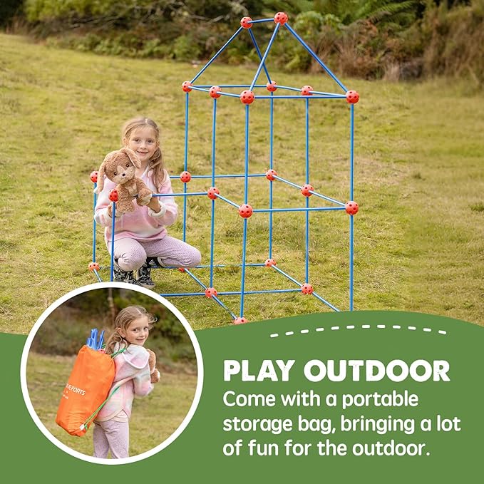 Tiny Land Kids-Fort-Building-Kit-80 Pieces-Creative Fort Toy for 5,6,7,8 Years Old Boy & Girls-STEM Building Toys DIY Castles Tunnels Play Tent Rocket Tower Indoor & Outdoor Playhouse