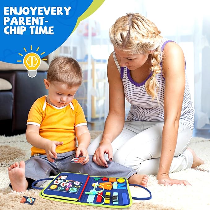 Toddler Busy Board, Montessori Sensory Toys for Boys, 1-4 Year Old Girl Toddler Travel Toys, Educational Learning Activities Board for Motor Skills, Birthday Gifts for Airplane Car, Blue Dinosaur