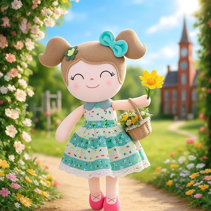 Gloveleya Baby Girl Gifts – Soft First Plush Doll with Gift Box, Spring Green Dress 16 Inch, Snuggly Birthday Present, for Toddler Girls