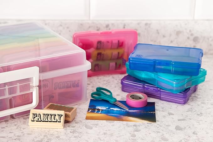 IRIS USA 4" x 6" Photo Storage Box Craft Keeper, Transparent Handle Container with 16 Organization Holder Cases for Pictures, Tasks, Scrapbooking, Stationery Storage, Multi-Color/Clear