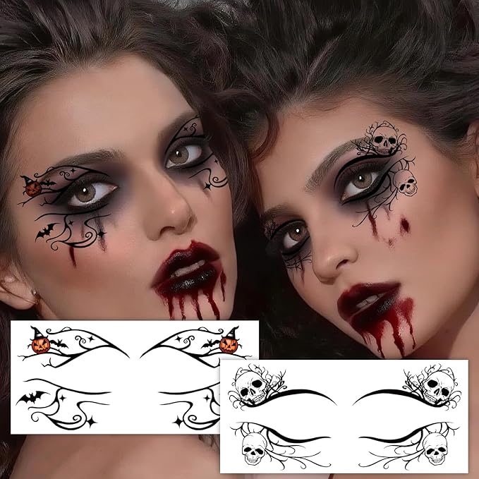 24pcs Halloween Face Temporary Tattoo, Upper & Lower Lash Designs Waterproof Fake Tattoos Stickers with Spooky Motifs for Men & Women Stage & Festive Looks & Cosplay Party Realistic Face Makeup
