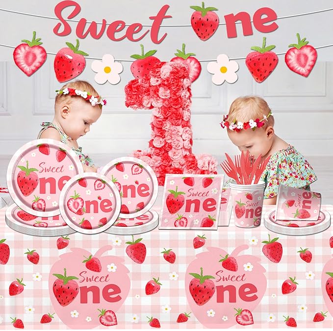 Strawberry First Birthday Party Tableware Set, 142Pcs Sweet One Strawberry Birthday Party Decorations, Include Plates, Cups, Napkins, Banner, Tablecloth for Berry First Birthday Party Supplies