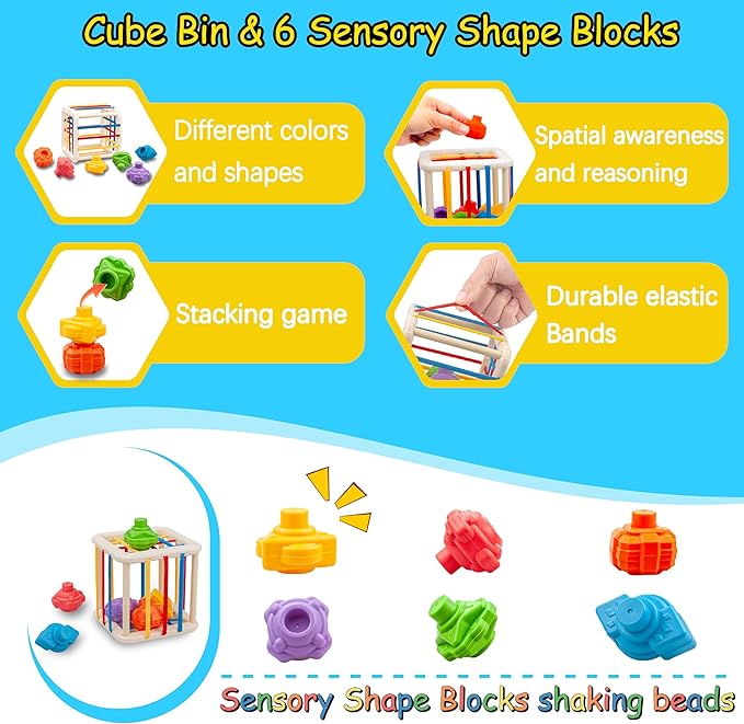 Baby Toys 0-6-12 Months,Montessori Toys for babise 0-6-12-18 Months,Incl Pull String Toy & Shape Sorter & Stacking Building Block & Manhattan ball & Baby Blocks，montessori baby toys for 1 + year