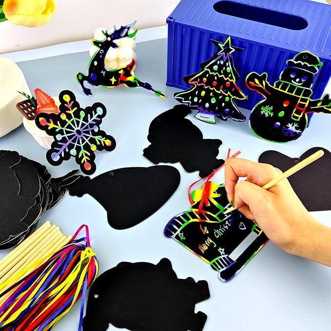 Naturahand 50 Rainbow Scratch Paper with 10 Wooden Scratch Sticks and 50 Red String, Deer Snow Shaped Scratch Off Cards for Christmas DIY Decorations and Art Party Favors(H-4)