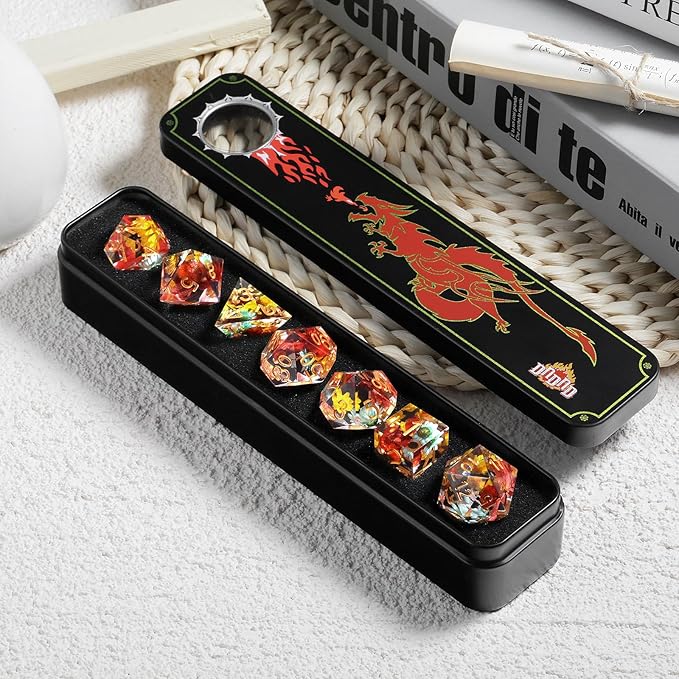 Resin DND Dice,DNDND Handmade Flowers Sharp Edge Die with Gift Case for D&D Dungeons and Dragon Games (Red and Yellow Flowers)