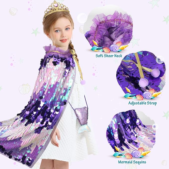 Princess Dress Up Toys Mermaid Dress Up Cape Kit 9 Pcs Gift Set for Little Girls 3-8 Years Old