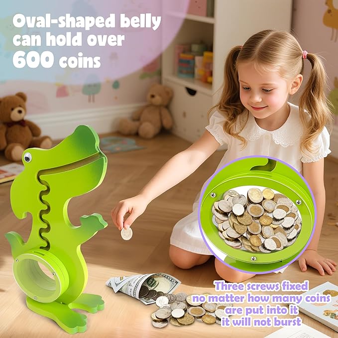 Dinosaur Piggy Bank for Kids Boys Girls, Wooden Dino Coin Bank with Large Clear Acrylic Belly, Cute Money Savings Box for Toddlers Birthday Christmas (Gradient-Green)