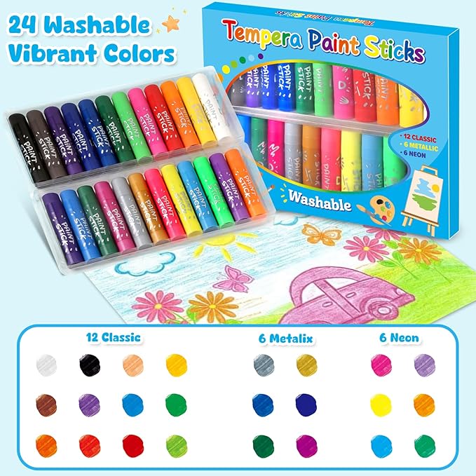 24 Colors Large Tempera Paint Sticks, Washable Paint Sticks for Toddlers, Ideal Kids Art and Craft Supplies for Painting and Coloring, Suitable for Paper, Canvas and Stone