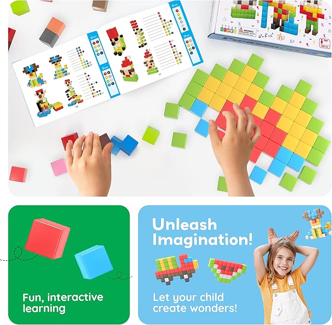 PicassoTiles 102pcs Pixel Magnetic Puzzle Cube 1” Pixel Mix & Match Toys with Ideabook STEM Education Learning Building Block Magnets Construction ToySet Stacking Creative Kit for Kids Age 3+ PMC102