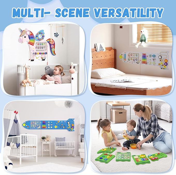Rocket Activity Wall Busy Board Panels - Sensory Wall Panel for Kids, Montessori Toddler Wall Activity Board, Wall Toys for Toddlers 3, Activity Cube, Wall Activity Boards, Blue(4PCS)