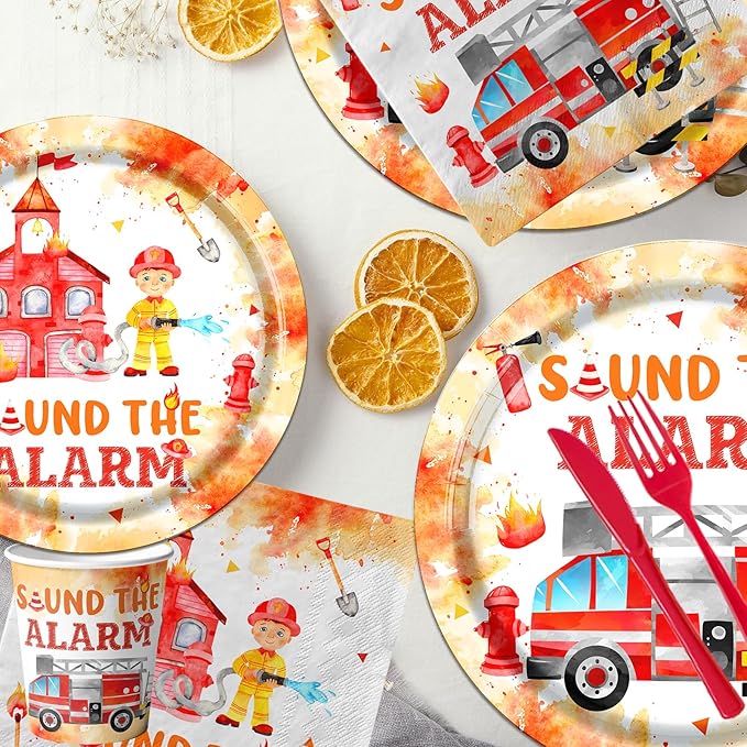 Firefighter Birthday Party Decorations, Firetruck Birthday Decorations 142pcs Tableware Set Include Plates,Napkins,Cups,Banner,Sound The Alarm Tablecloth For Fireman Fire Truck Party Supplies