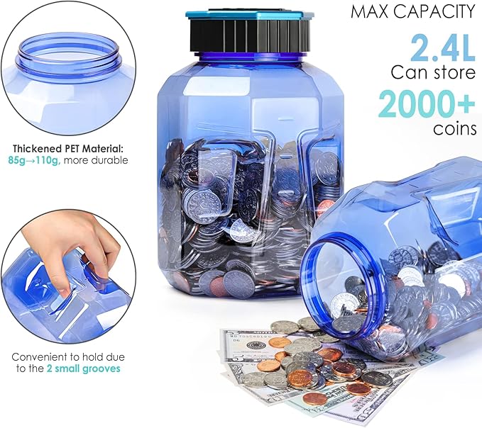 X-Large Piggy Bank for Adults Kids, Vcertcpl Digital Coin Counting Bank with LCD Counter, 2.4L Capacity, Great Coin Counter Bank Money Counting Jar with Total Amount Displayed (Blue2, X-Large)