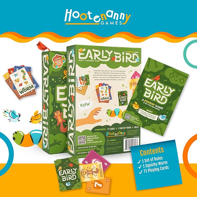 Hootenanny Games Early Bird for Family Game Night | Easy-to-Learn Speed Game with Out of Your Seat Challenges and Squishy Worm | 2-6 Players, Ages 7+