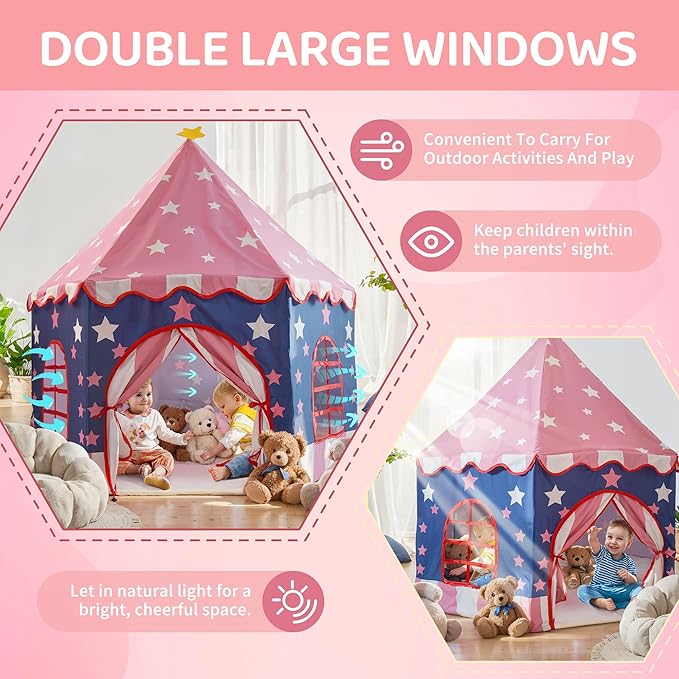 Large Girls Play Tent Princess, Boys Castle Kids Playhouse Indoor Outdoor Toddler Teepee | American Style Design, Age 3-8| Detailed Instructions| Colorful Package| Christmas Birthday Gift Pink