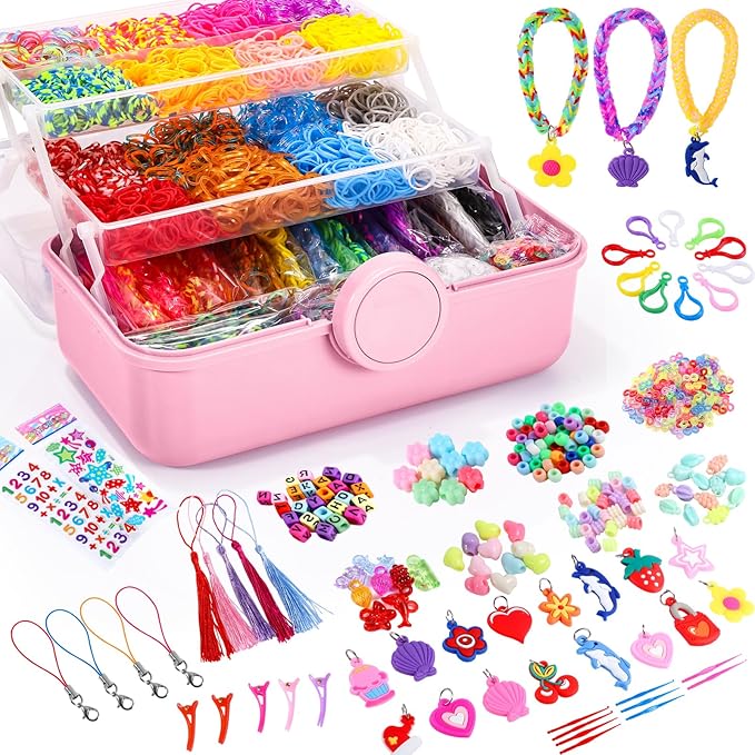 SUMAJU 18500+ Bracelet Making Kit Rubber Band, 26 Colors Rubberband Bracelet Kit with 3 Layer Container Includes Glow-in-The-Dark Rubber Bands, Bracelet Making Refill Kit Birthday Gift for Kids(Pink)