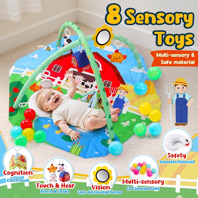 Farm Animal Baby Gym Play Mat, 9-in-1 Tummy Time Mat with 7 Baby Toys, Washable Baby Activity Mat for Visual, Sensory, Motor Development, Newborn Baby Toys Gift for Toddler 0-3-4-6-9-12 Months