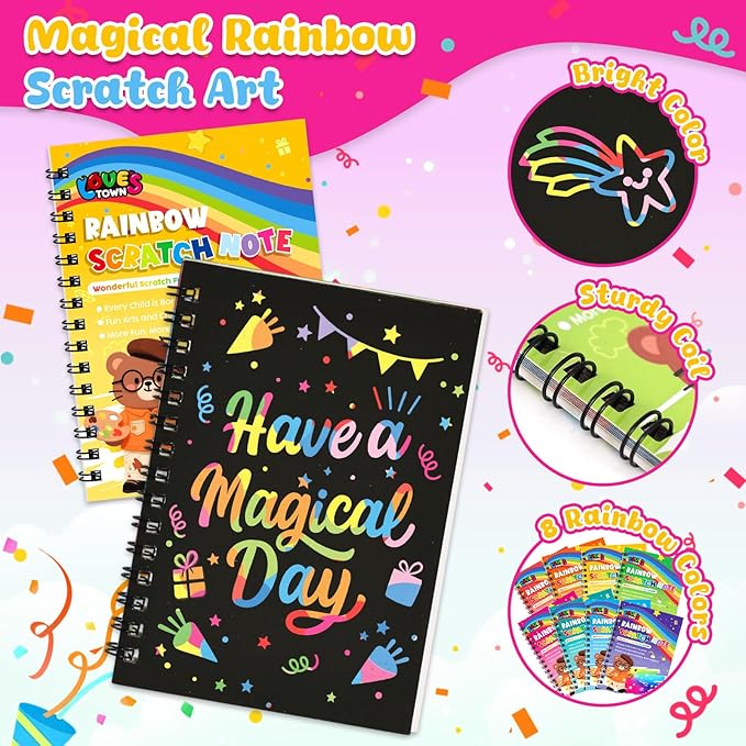 LovesTown Scratch Art Party Favors for Kids, 16 Pack Rainbow Magic Drawing Notebooks Bulk for Birthday Classroom Prizes, Kids Craft School Supplies