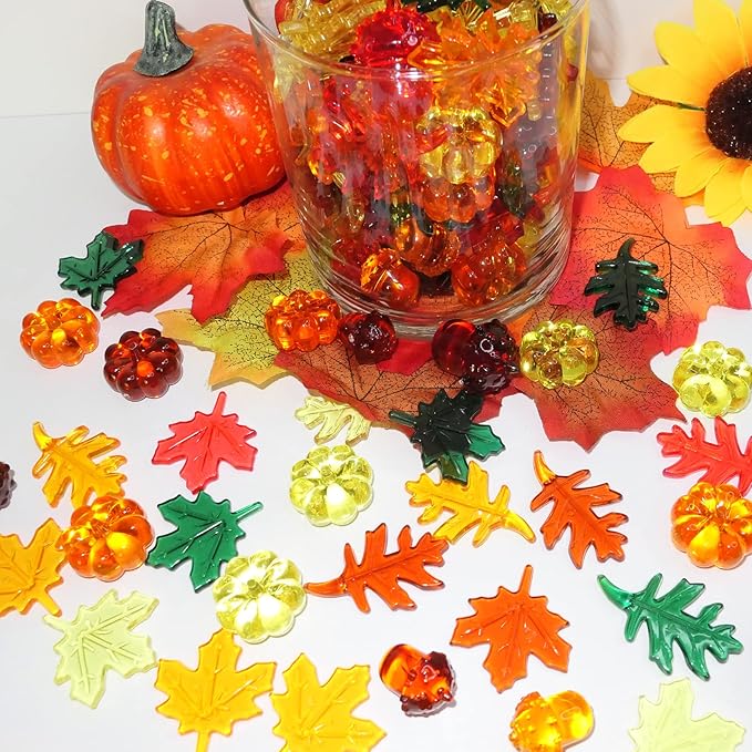 Fall Vase Filler,165 Pcs Acrylic Pumpkin Leaves Acorn Gems Sensory Bin Fillers for Thanksgiving Centerpieces Table Decorations,Table Scatters,Preschool Counting and Thanksgiving Craft