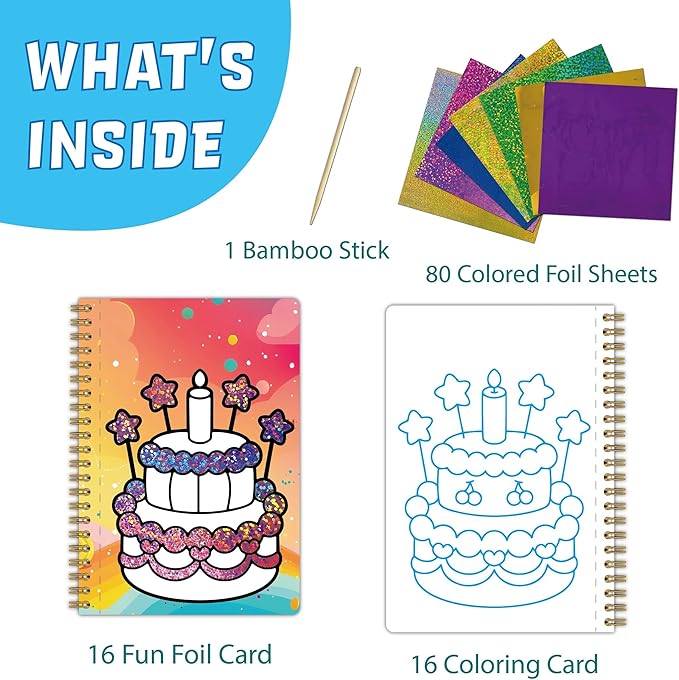 Fun & Mess-Free Foil Art Kit for Kids – 80 Foil Sheets & 32 Art Cards, No Glue Needed, Creative Craft Gift for Christmas Halloween Holiday Birthday（Birthday Version）
