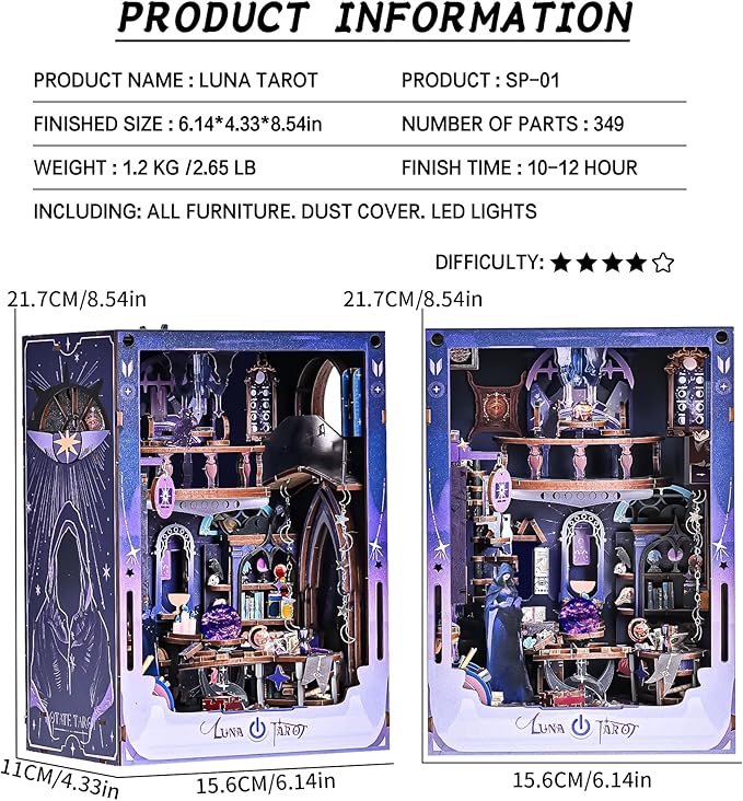 DIY Booknook Kit,3D Wooden Puzzle Miniature Book Nook Kit Insert Decor with LED Light and Dust Cover for Adults and Teens，Gifts for Family, Friends（Luna Tarot）