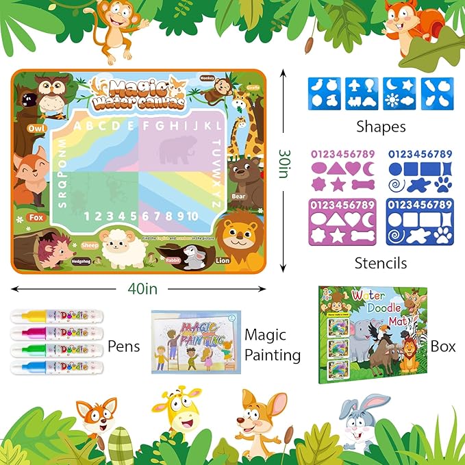 Water Doodle Mat Kids Mess Free Coloring for Toddlers 3 4 5 6 7 8 9 Years, 19 Pack Educational Toys, Doodle Mat with Magic Water Pens
