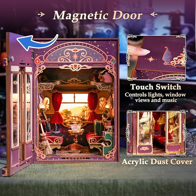 Tonecheer DIY Book Nook Kit for Adults, Miniature Infinity Train Cabin Magical Vintage Carriage Model, Wooden 3D Puzzle Dollhouse Booknook Decorative Bookend Gifts (Magical Journey)