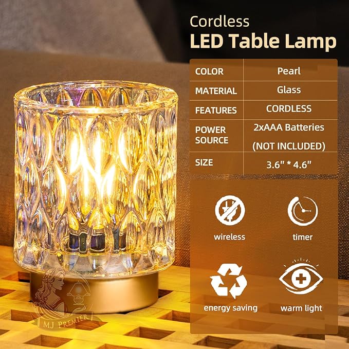 Battery Operated Table Lamps Timer, Mini Crystal Lamp for Area No Plug, Cordless Lamp with LED Bulb for Power Outage, Decorative Lamps for Tabletop/Corner/Entryway/Stairway/Bathroom/Fireplace (PEARL)