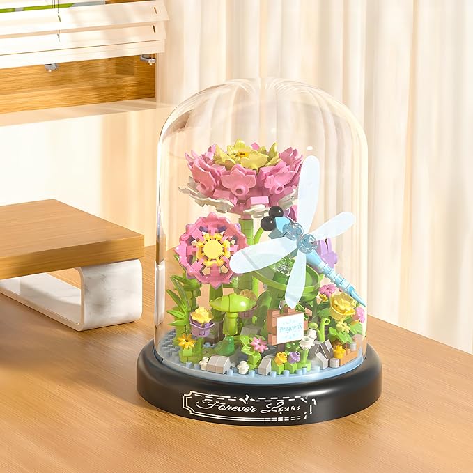 HI-REEKE Flower Dragonfly Bouquet Building Block Set, Micro Mini Botanical Building Toy for Women-568 PCS