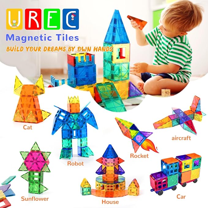 Magnetic Tiles - 104 Pieces Magnetic Blocks for Kids, Magnet Tiles Building Blocks Set with 2 Cars, Construction STEM Toys Gift for Kids Boys 3 4 5 6 7 8 9+ Year Old