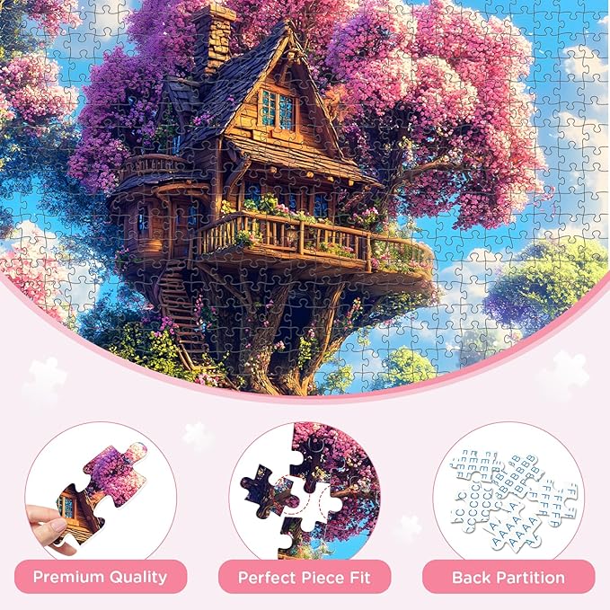 500 Piece Puzzle for Adults Puzzle, Pink Tree House Jigsaw Puzzle 500 Pieces, Colorful Flower Jigsaw Puzzles for Adults Seniors, Challenging Family Games Holiday Party Gifts 20.5×15 in