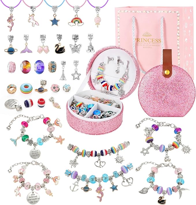 Emibele Girls Charm Beads Bracelet Making Kit with Portable Jewelry Box, Jewelry Making Kit for Kids Age 5 6 7 8-12, DIY Arts Crafts Toys for Teens Girls Gift Choices on Birthday Valentines Christmas