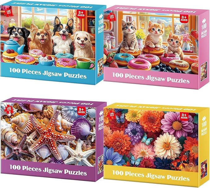 4 Packs 100 Piece Puzzles for Adults Seniors - Dogs Starfish Flower Cats Puzzles for Kids Ages 4-6 6-8 8-10 Year Old Large Piece Puzzle for Kids Learning Educational Toys for Boys and Girls Ages 5-8