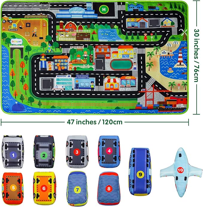 Dr.Rapeti Soft Toy Car Set for Babies Infants Toddlers Kids 1 Oversize Play Mat 10 Soft Toy Cars 47x30inches Washable Non-Toxic