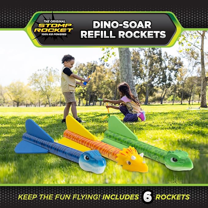 Stomp Rocket Dino-Soar Rocket Refills, 6 Rockets - Replacement Dinosaur-Themed Soft Foam Rockets for Launcher - Fun Backyard & Outdoor Kids Toys Gifts for Boys & Girls