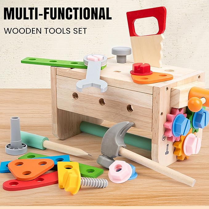 Kids Tool Set – 35 Pieces Wooden Toddler Tool with Box – Montessori STEM Educational Pretend Play Construction Toy for 3 to 13 Year Old Boys Girls – Best Birthday Gift
