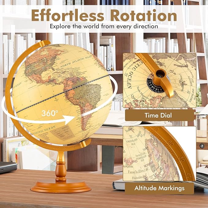 Goplus 12 Inch Illuminated World Globe, Antique Light up Rotating Globe Night Lamp with Wooden Stand, Geography Educational Desktop Decoration for Kids Adults Home Office School (Antique-Bronze)